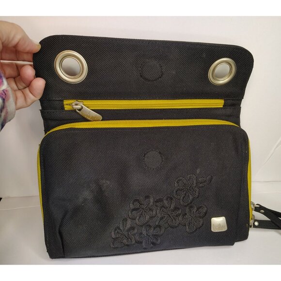 Haiku Large Wristlet Bag, Black, Embroidered Flower, Green Lining, Eco-Friendly - Picture 1 of 6
